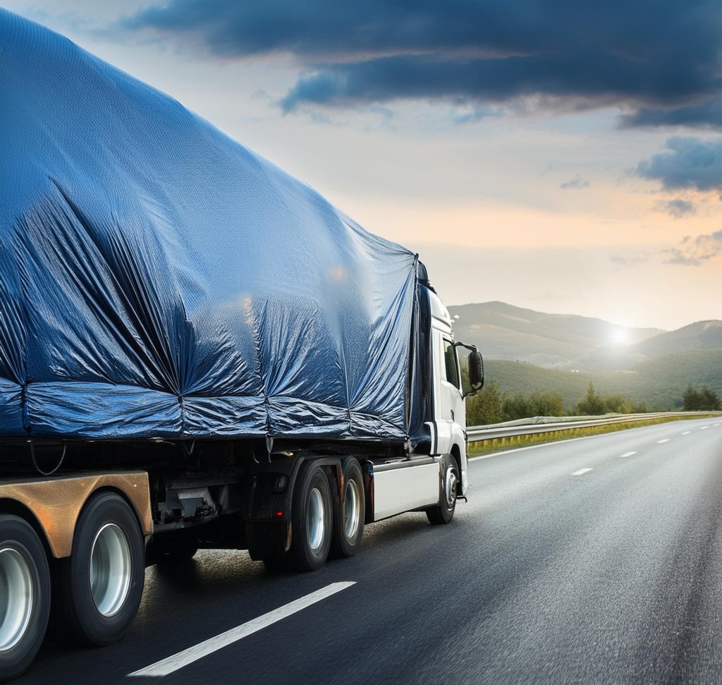 A truck with a heavy-duty waterproof vinyl tarp covering its load, driving on the road; transport and automotive industry concept for car insurance