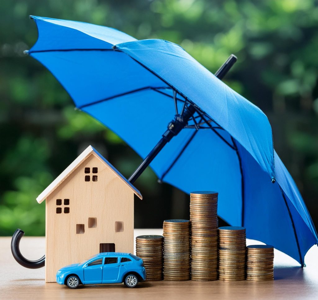 A blue umbrella covering a wooden small house and family, and a small toy car. Real estate, property security, and protection concept 