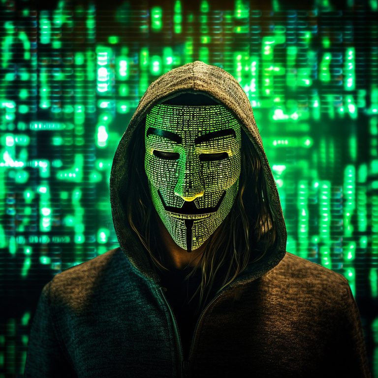 A visually striking representation of cybersecurity, featuring a hooded figure with a glowing digital mask against a green matrix backdrop. This image highlights themes of hacking, data protection, cybersecurity insurance, and online safety, emphasizing the importance of safeguarding personal and financial information in the digital age.